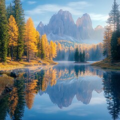 Fototapeta premium Majestic Mountain Lake with Autumn Forest and Clear Reflection