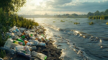Polluted Lake with Plastic Waste and Green Surrounding Hills