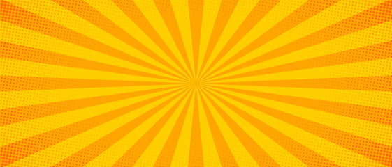 orange sun rays background with halftone. Cartoon funny retro pattern strip mock up. Vector halftone illustration. Vintage backdrop for comic superhero text, speech bubble, message.
