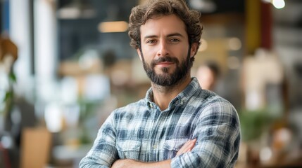 Obraz premium Man with beard in plaid shirt smiling in a cozy cafe during the day