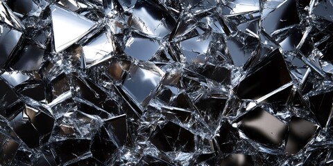 Abstract close-up of a fractured crystal with a dark gray surface. The crystal reflects light.