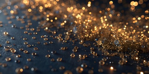 Beautiful abstract background with dark and golden particles .Christmas Golden light shine particles broken on navy blue background. Gold foil texture.  Holiday.