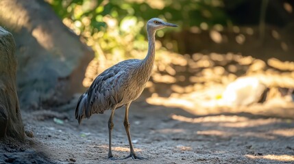 Naklejka premium A heron standing on the sandy ground in a sunlit forest clearing