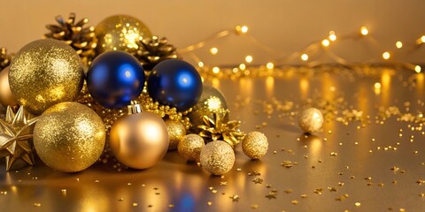 Beautiful abstract background with dark and golden particles .Christmas Golden light shine particles broken on navy blue background. Gold foil texture.  Holiday.