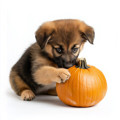 Fototapeta premium Adorable Brown and Black Puppy with Fall Pumpkin, Isolated on White Background