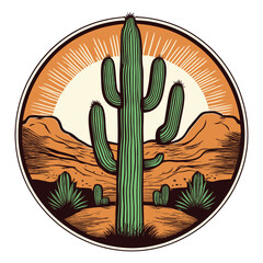 Desert Landscape with Iconic Cactus and Mountains