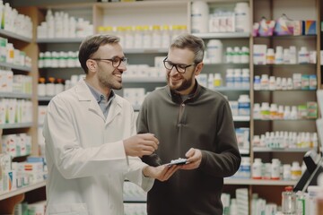 Joyful man selects medication with assistance from young pharmacist in local drugstore