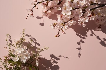 Serene Cherry Blossom Shadow Art with Graceful Wildflowers and Elegant Vines