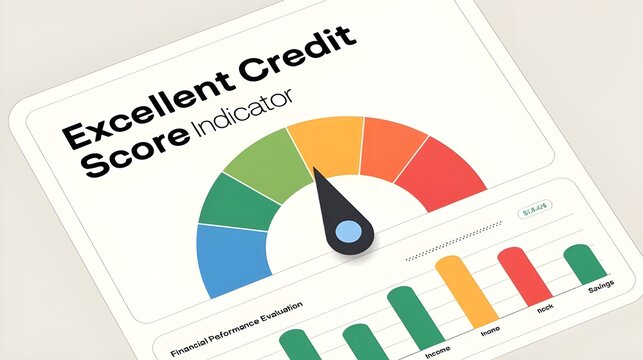 A colorful dashboard with a gauge indicator displaying an excellent credit score. Creditworthiness and Financial Performance Evaluation
