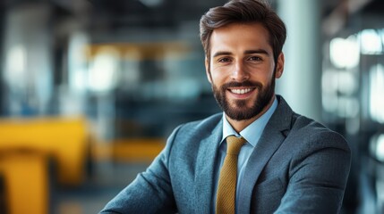 Fototapeta premium Confident businessman smiling at the office during daytime hours