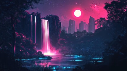 Obraz premium Cyberpunk-inspired forest with neon trees, a radiant waterfall, and moonlight, captured in a retro-futuristic vector landscape
