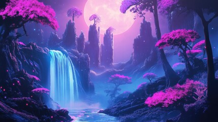 Obraz premium Cyberpunk-inspired forest with neon trees, a radiant waterfall, and moonlight, captured in a retro-futuristic vector landscape