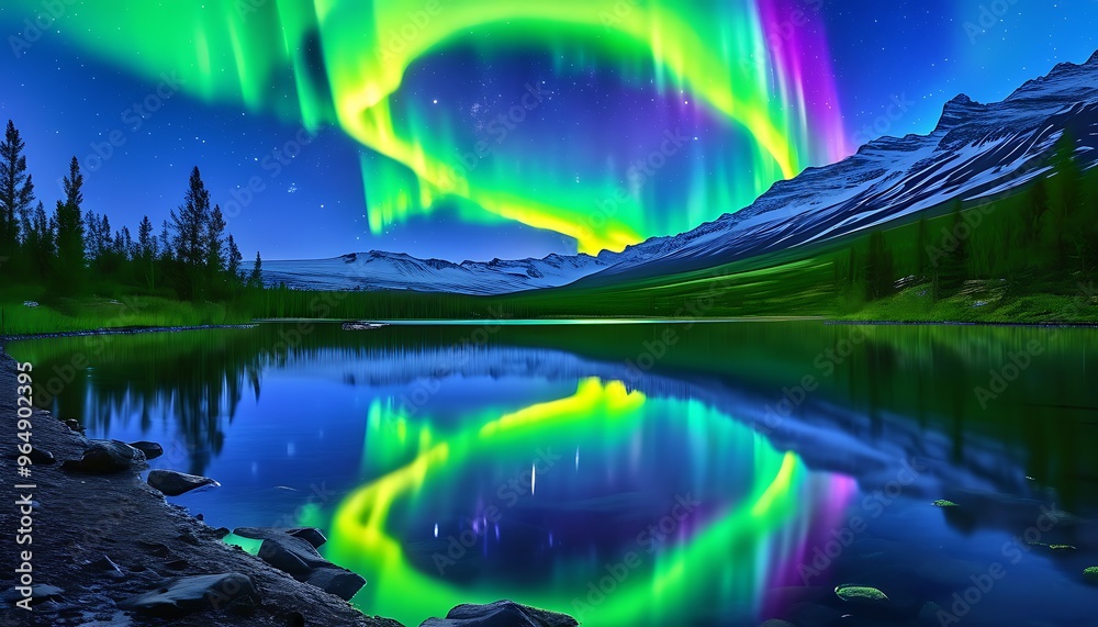 Wall mural Gorgeous auroras dance in the night sky, and the lake reflects charming green brilliance, showing the wonders and beauty of nature.