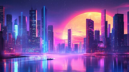 Futuristic city with vibrant retro skyscrapers and a river, captured in a cyberpunk style and set against a dynamic vector background