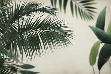 Fototapeta premium Elegant Palm Frond Silhouette with Soft Tones and Blurred Tropical Leaf Graphics for Spring and Summer Home Decor