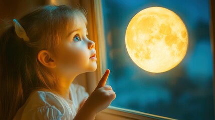 Fototapeta premium Little girl looking at big moon through window