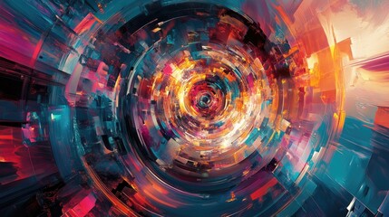 Fototapeta premium Mesmerizing digital artwork featuring vibrant colors, abstract elements, and dynamic swirling patterns in a futuristic kaleidoscope style