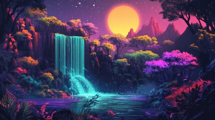 Fototapeta premium Retro-futurism forest landscape with neon trees, a radiant waterfall, and glowing moonlight, set against a cyberpunk vector background