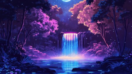 Retro-futuristic forest landscape with neon trees and a glowing waterfall, bathed in moonlight and set against a cyberpunk vector background