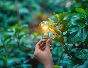 Woman holding lit lightbulb symbolizing green energy ideas
