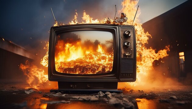 Apocalyptic image of a burning vintage television.