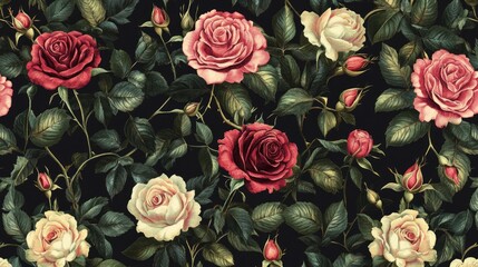 Seamless vintage rose pattern with blooming flowers and delicate leaves, perfect for fashion, home decor, and invitations, set against a realistic backdrop