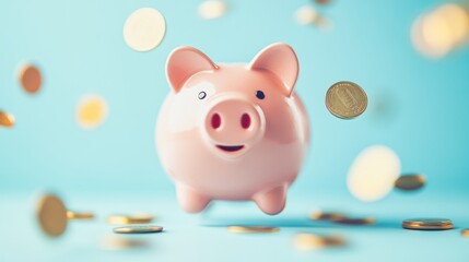 Pink piggy bank receiving a shower of coins