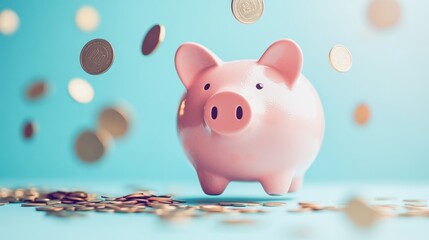 Pink piggy bank receiving a shower of coins