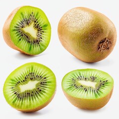 Fototapeta premium Kiwi fruit collection showing whole and halved fruits isolated on white background