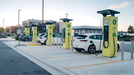 A public parking street with multiple charging points for electric vehicles.