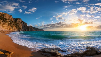 푸른 하늘과 일몰 시 바위 위의 푹신한 구름, Blue sky and puffy clouds over rocks at sunset