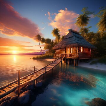 중앙에 통나무집이 있고 멋진 석양이 있는 낙원 섬, Paradise island with a log cabin in the center and a stunning sunset
