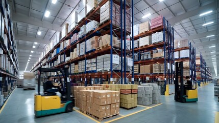 A retail warehouse filled with shelves of goods in cartons. There are pallets of goods near the shelves and a forklift. The background is blurred and shows a logistics and transportation facility.