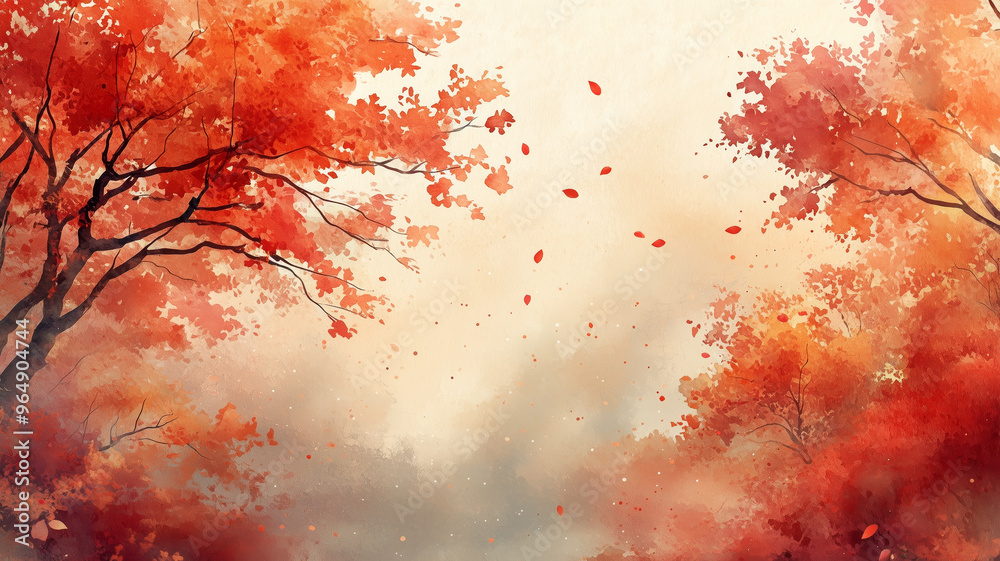 Poster a painting of autumn tree with orange leaves. the leaves are spread out and background is a mix of o