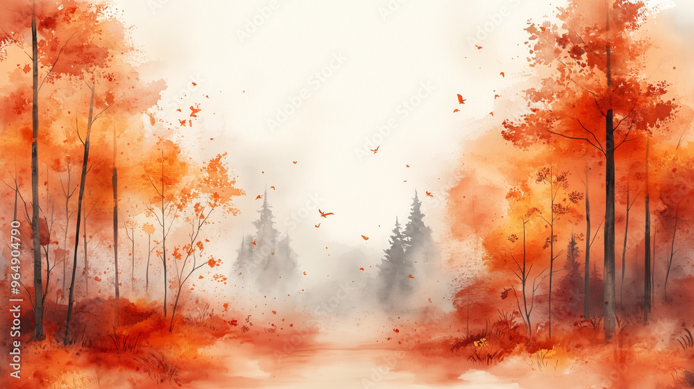 Poster a painting of autumn tree with orange leaves. the leaves are spread out and background is a mix of o