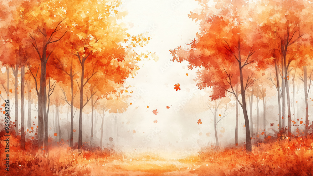 Poster a painting of autumn tree with orange leaves. the leaves are spread out and background is a mix of o