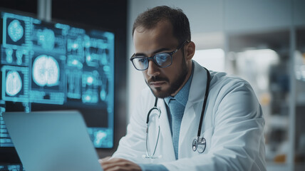 A doctor is sitting at a computer with a laptop open and a monitor in front of him. He is wearing a white lab coat and glasses