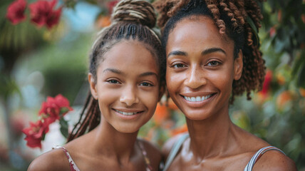 Mother and daughter smiling brightly, standing closely together outdoors, surrounded by vibrant flowers and greenery, radiating warmth and joy