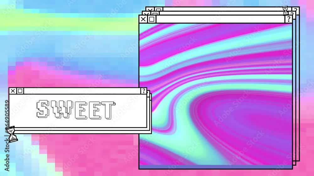 Poster animation of digital interfaces with sweet text and colourful shapes on colourful background