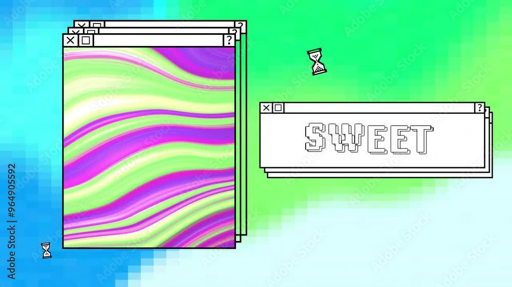 Poster animation of digital interfaces with sweet text and colourful shapes on colourful background