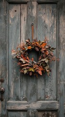 Autumnal wreath on rustic wooden door.