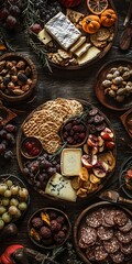 Fototapeta premium Overhead view of a charcuterie board with various cheeses, fruits, crackers, and olives.