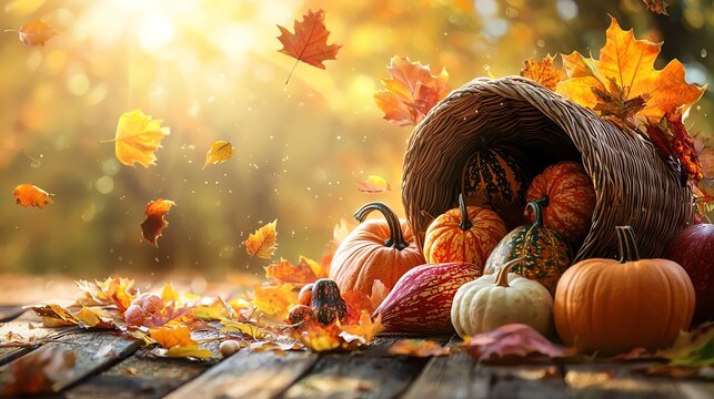 Autumn harvest with pumpkins and gourds in a cornucopia on a wooden table.