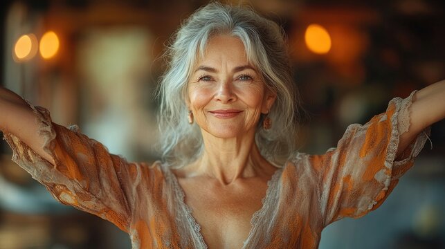 Active workout outdoors. Close up of pleasant grey haired woman in sportswear doing stretching exercises for arms at green sunny park.