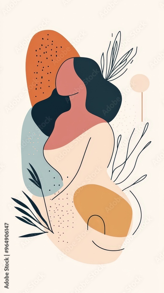 Poster Minimalist abstract art of curvy figure with earth tones and botanical elements.