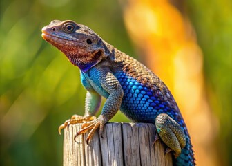 Obraz premium A colorful western fence lizard perches on a weathered wooden fence post, its scaly skin glistening in the warm sunlight amidst a rustic countryside backdrop.