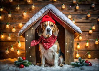 Adorable beagle dog in Santa hat and scarf sitting on a festive holiday-themed doghouse surrounded by snowflakes, ornaments, and twinkling lights at night.