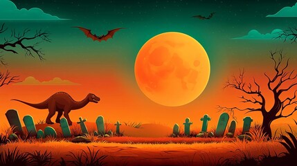 Naklejka premium Halloween Dinosaurs dinosaur stomping through a haunted graveyard, Halloween scene, flat design illustration