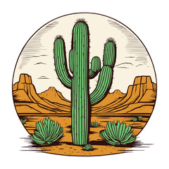 Saguaro Cactus Surrounded by Desert Flora and Mountains