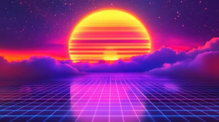 Retro futuristic sunset with vibrant neon colors and grid landscape.